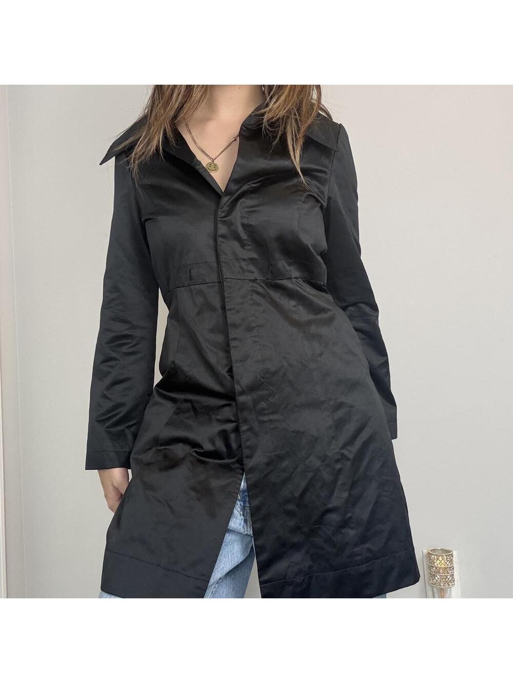 Bebe black satin trench coat with collar and flattering fit! Tagged size xs